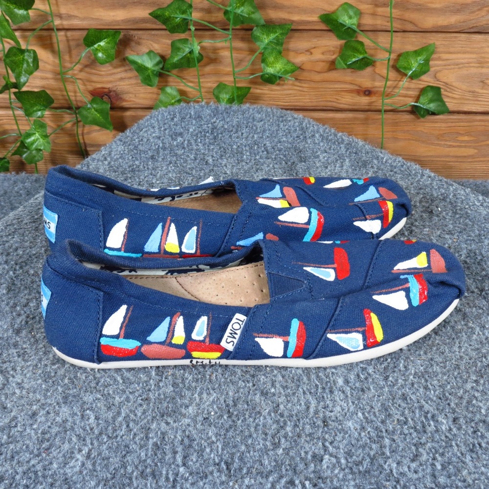 TOMS Alpargata Women Slip On Flat Size 6.5 Walking Navy Blue Sailboat Canvas - Picture 3 of 7